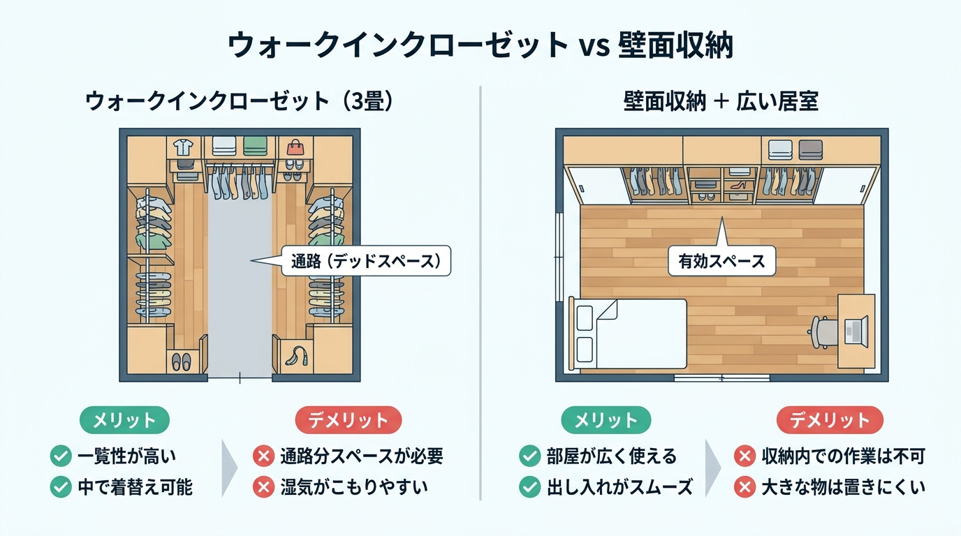 ウォークインクローゼットと壁面収納の収納効率を比較する図解。同じ3畳のスペースでも、WICは通路が必要な分、壁面収納の方が部屋を広く使えることを示している。