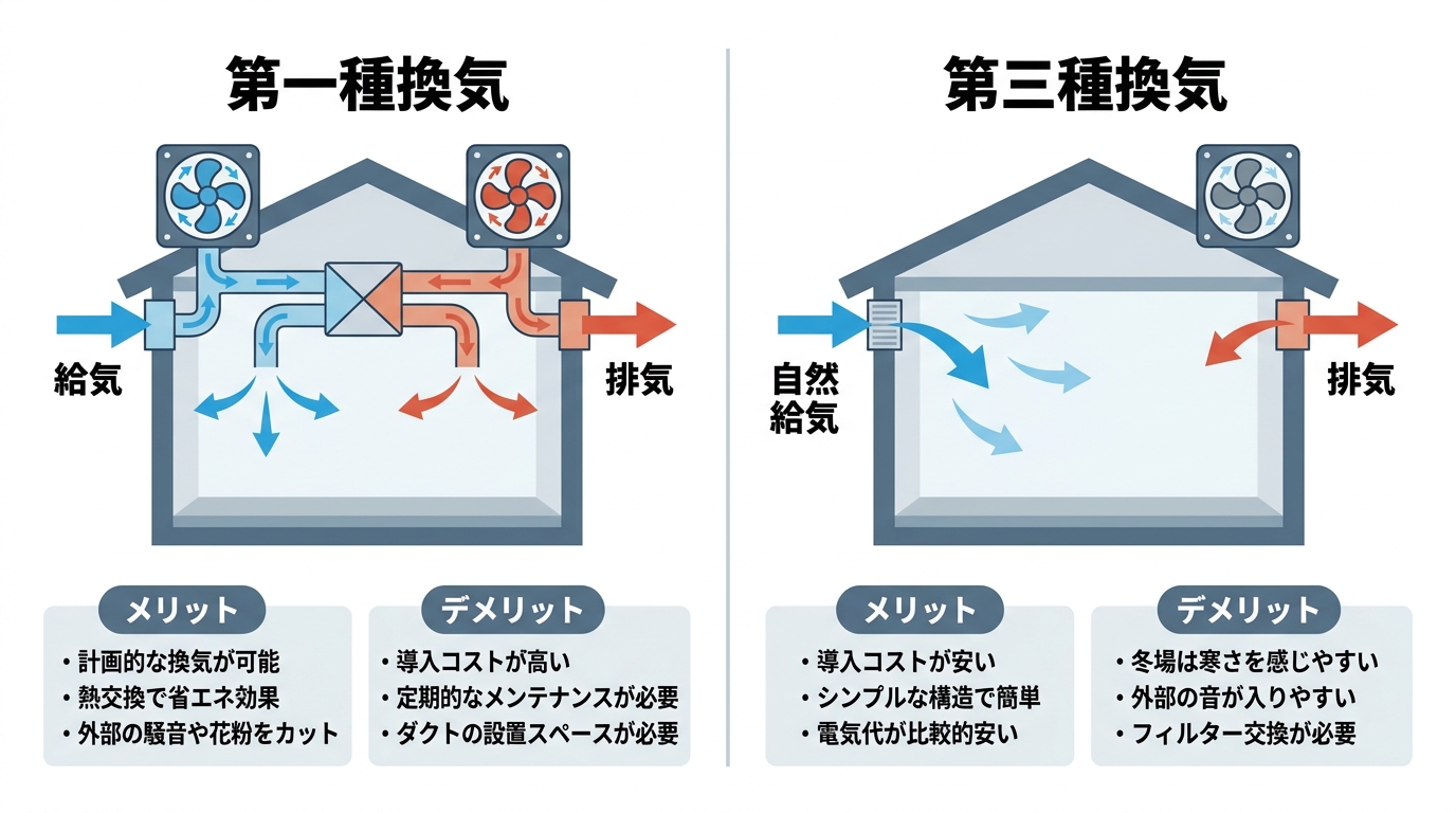 第一種換気と第三種換気の仕組みとメリット・デメリットを比較した図解。第一種は機械で給排気、第三種は機械で排気のみ行う違いが示されている。