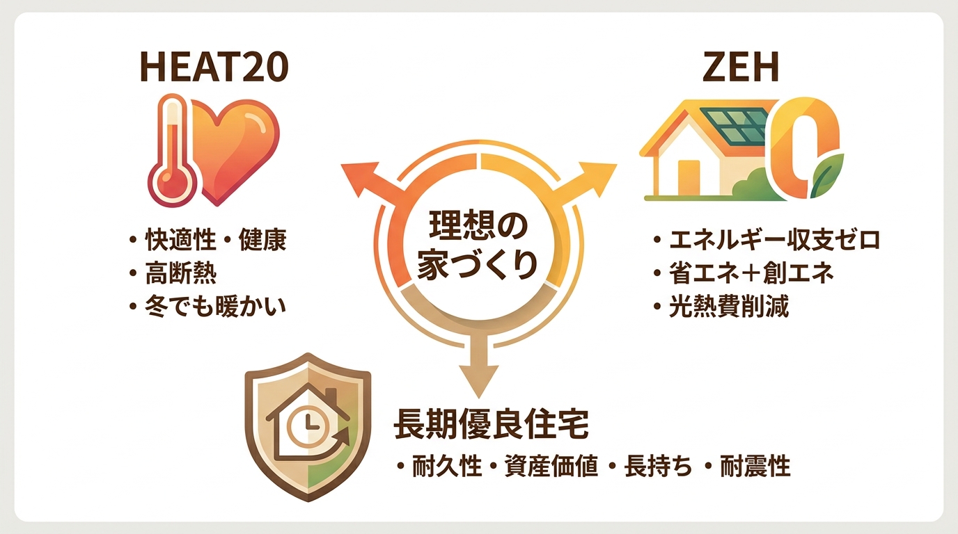 HEAT20、ZEH、長期優良住宅の3つの住宅性能基準が目指す目的の違いを比較した図解。快適性を目指すHEAT20、エネルギー収支ゼロを目指すZEH、耐久性を目指す長期優良住宅の関係性が示されている。
