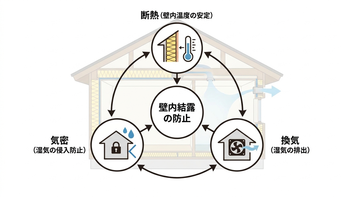 壁内結露を防ぐための「断熱」「気密」「換気」の三位一体の連携を示す図。3つの要素が相互に連携し、結露防止という目的を達成する様子が描かれている。