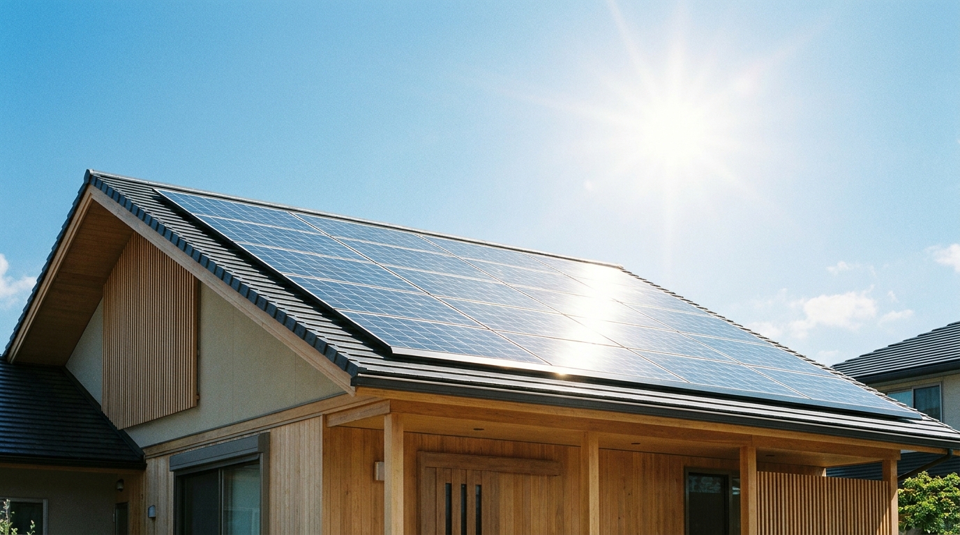 青空の下、太陽光パネルが設置された住宅の屋根。全館空調の電気代を太陽光発電で削減するイメージ。