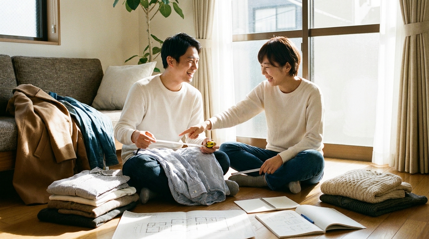 床に衣類を広げ、必要な収納量を計算している夫婦。後悔しない収納計画の第一歩を踏み出している様子。