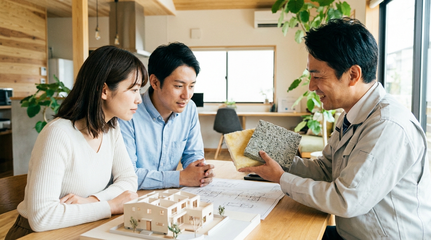 住宅会社の打ち合わせで、担当者から断熱材の説明を受ける若い夫婦。家の模型を見ながら、真剣に家づくりについて考えている様子。