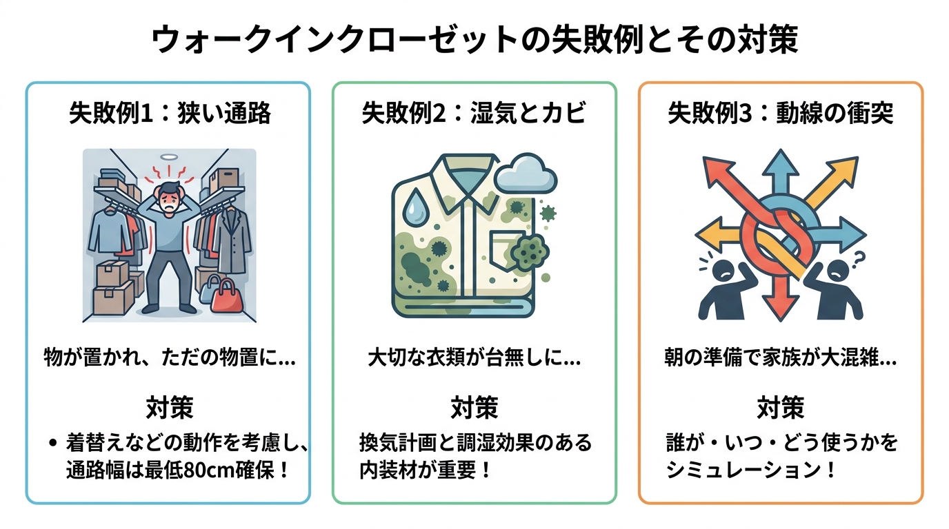 ウォークインクローゼットでよくある3つの失敗例（狭い通路、湿気とカビ、動線の衝突）とその対策をまとめた図解。