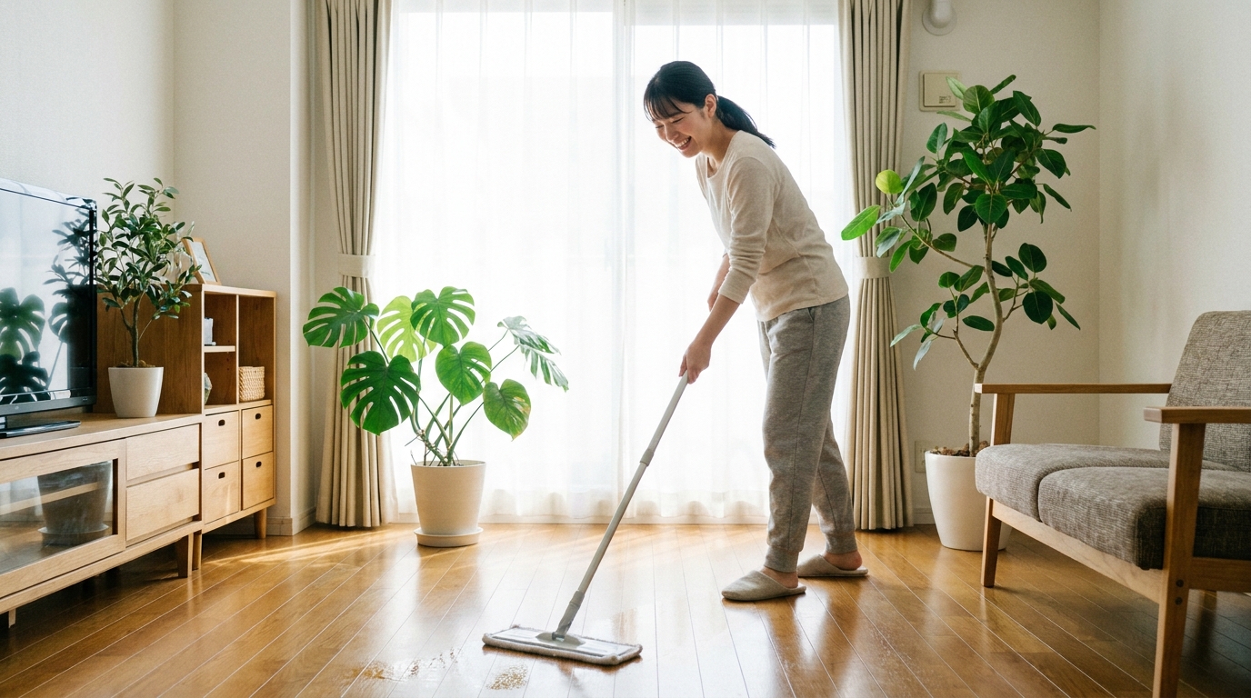 朝の日差しが差し込むリビングで、女性がフロアモップを使って床掃除をしている。花粉を溜めないための朝の掃除のイメージ。