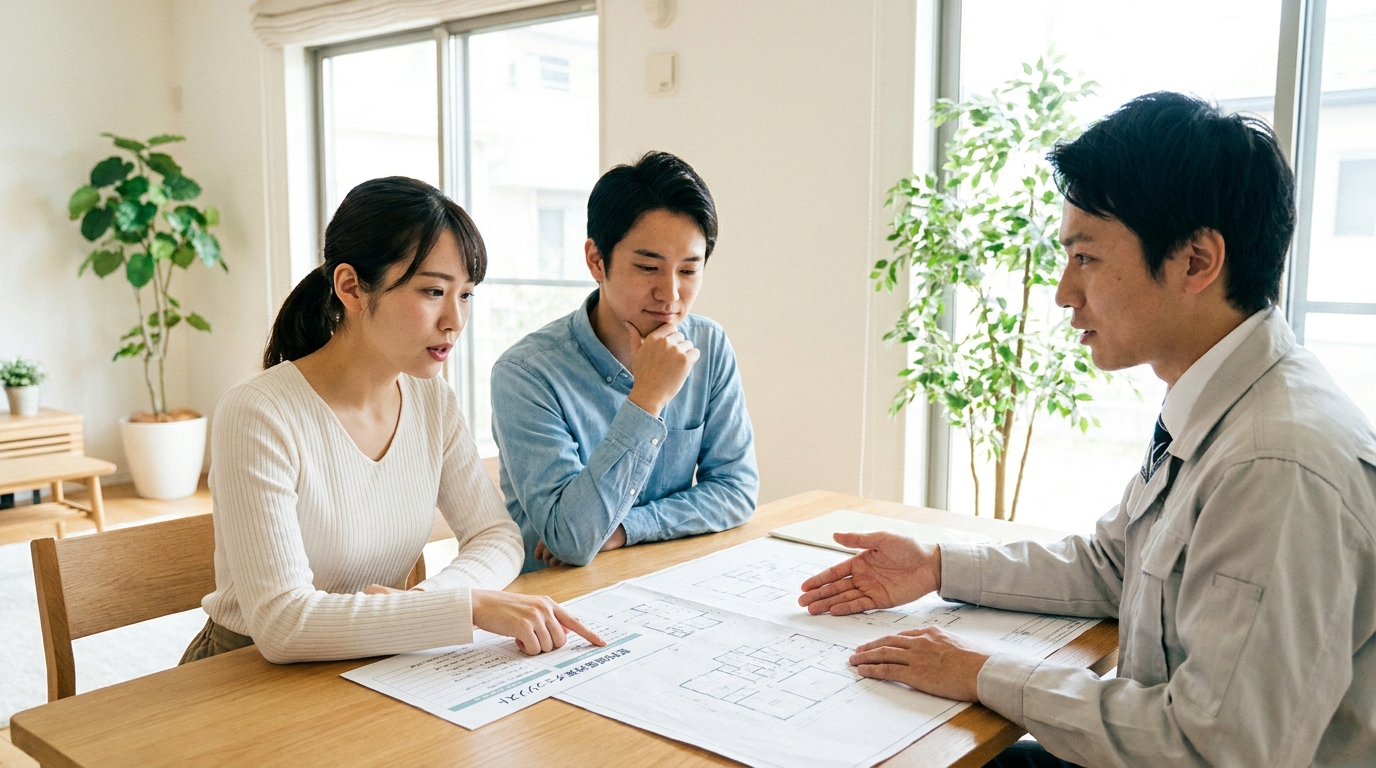 住宅会社の打ち合わせで、施主が壁内結露対策のチェックリストを使って担当者に質問している様子。